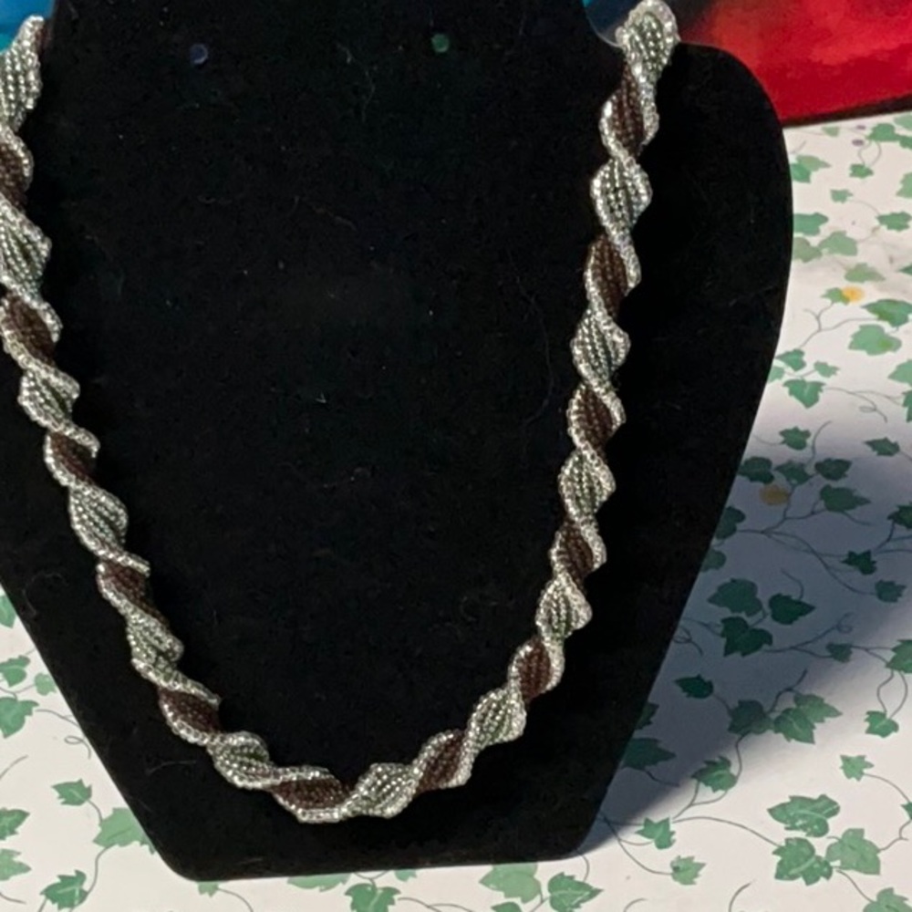 Silver and Brown Rope-Style Necklace with Spiral Design